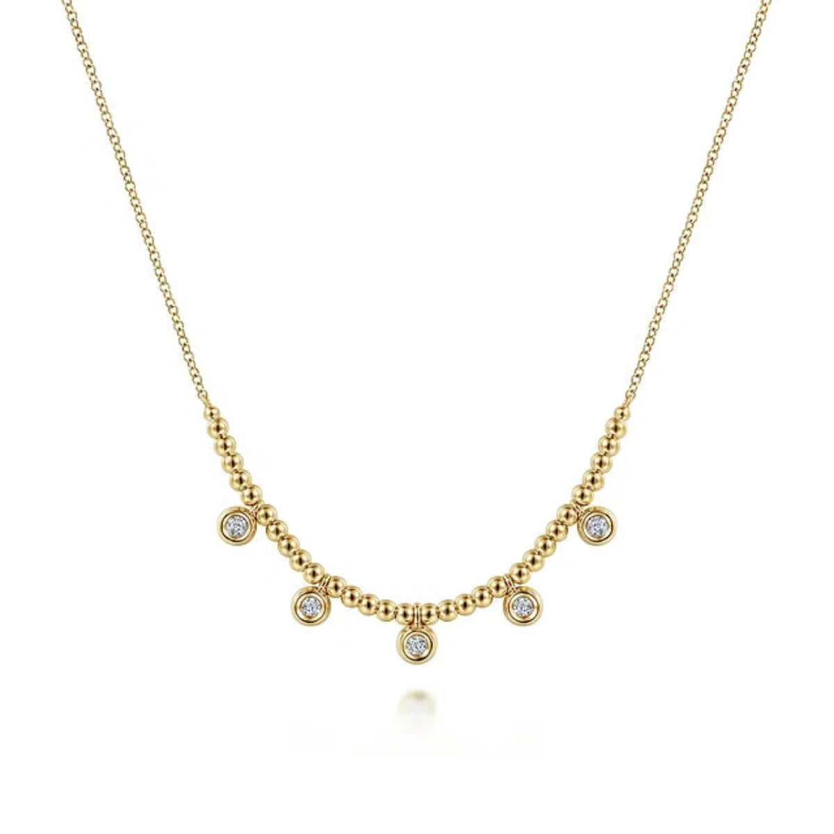 14K Y Gold Beaded Necklace with Diamond 0.15ctw Diamond Drops