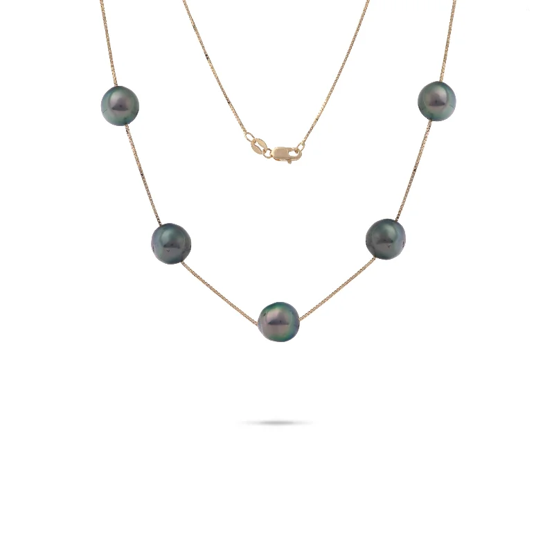 18" Tahitian Black Pearl Necklace in Gold - 9-10mm