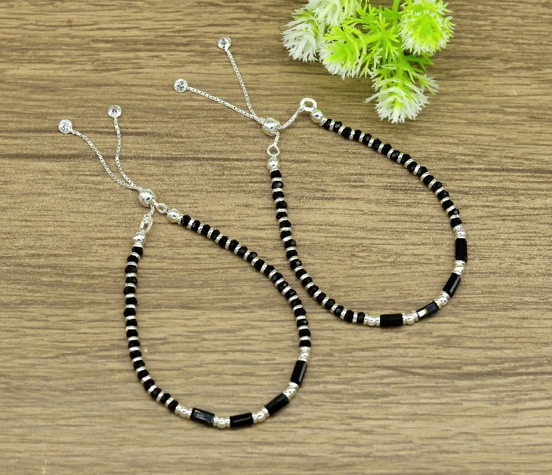 7 inches long handmade 925 sterling silver fabulous silver beads, black stone charm adjustable customized single bracelet for girl's gifting sbr170