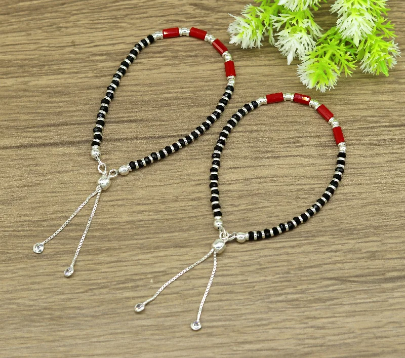 7 inches long handmade 925 sterling silver fabulous silver beads, red and black stone charm adjustable customized bracelet for girl's sbr169