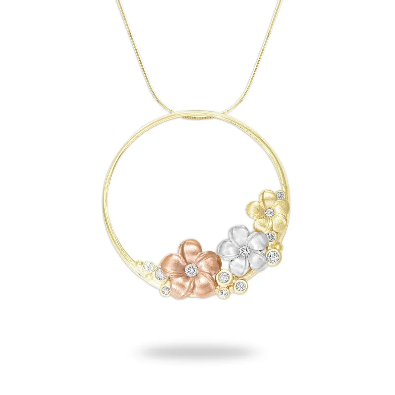 Plumeria Necklace in Tri Color Gold with Diamonds - 22mm