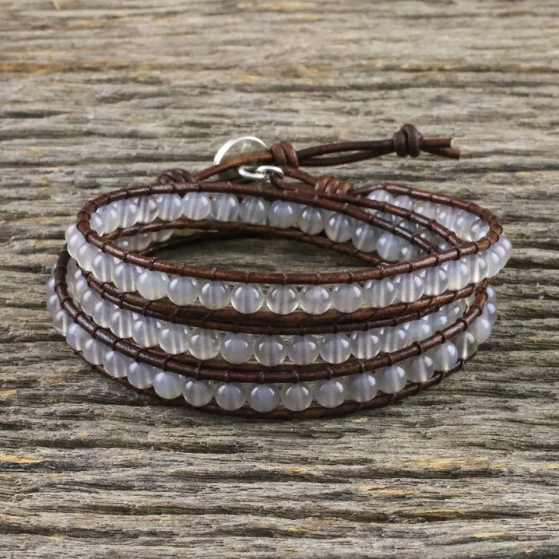 Spring Fog Chalcedony and Leather Beaded Wrap Bracelet from Thailand