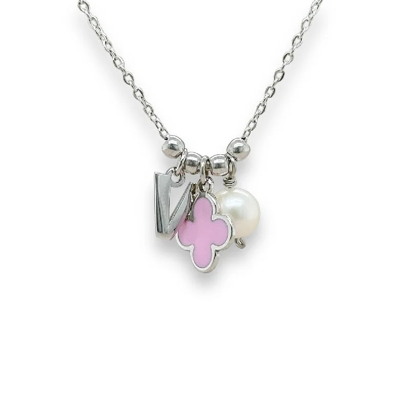 SS Pink Enamel Clover Initial Necklace with Pearl