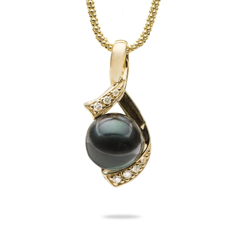 18" Tahitian Black Pearl Necklace in Gold with Diamonds - 10-11mm