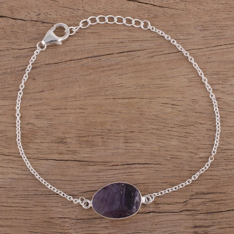 Trendy Egg Amethyst and Sterling Silver Pendant Bracelet from India