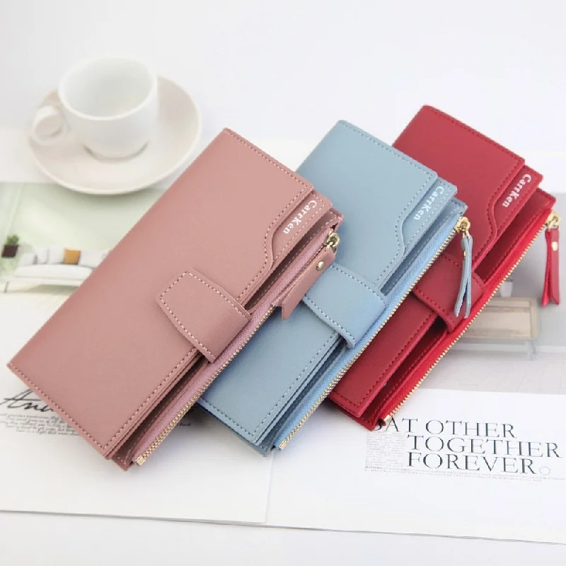 Elegant Women Leather Long Wallet Buckle Strap Zipper Clutch Bag Female Three Layers Wallets Versatile Money Cards Bags Purses